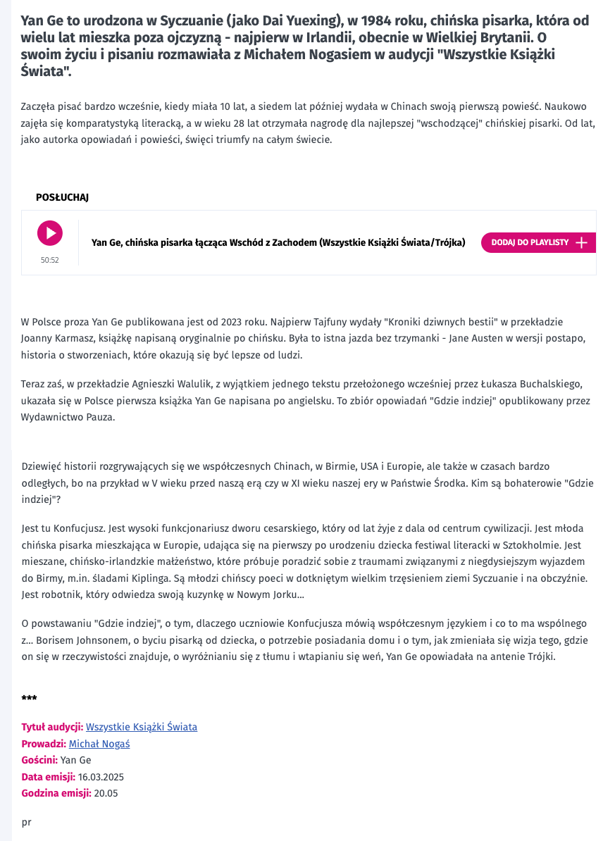 Yan Ge, chińska pisarka łącząca Wschód z Zachodem – wywiad z autorką przeprowadził Michał Nogaś w Radiowej Trójce 1 trojka.polskieradio.pl artykul 3497223yan ge chinska pisarka laczaca wschod z zachodem1440 x 900 px 1