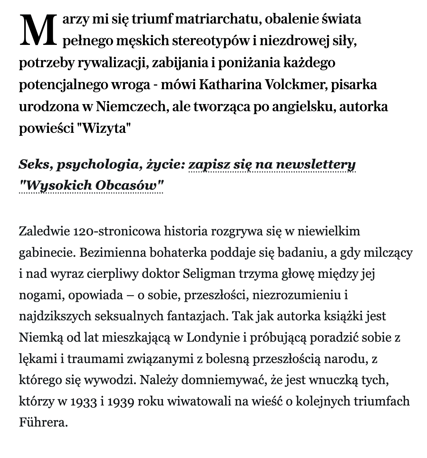 Niemka, Żyd, gabinet. W tej książce panuje gęsta, dla wielu Niemców niemożliwa do wytrzymania, atmosfera – wywiad z Kathariną Volckmer, autorką powieści „Wizyta“ w Wysokich Obcasach 2 row 1 column 1