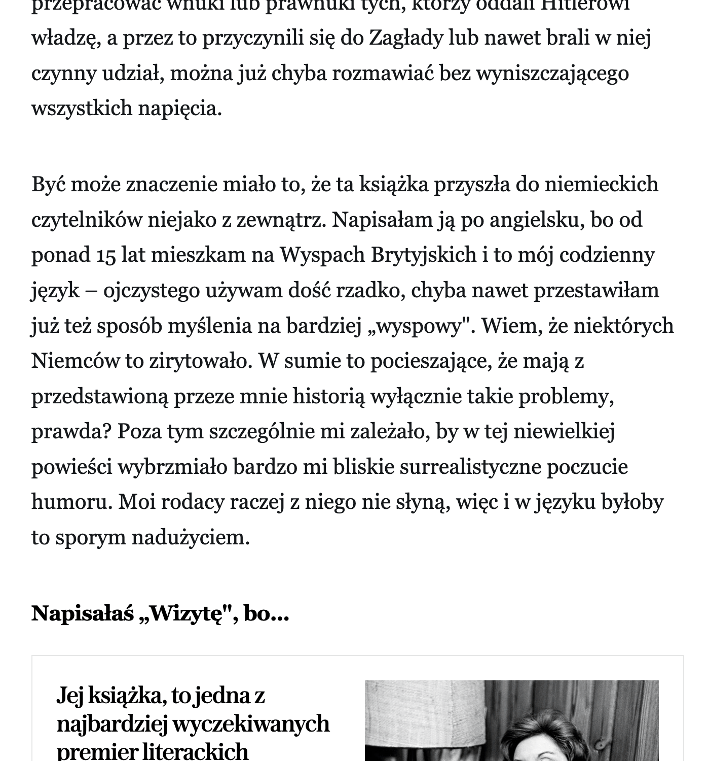 Niemka, Żyd, gabinet. W tej książce panuje gęsta, dla wielu Niemców niemożliwa do wytrzymania, atmosfera – wywiad z Kathariną Volckmer, autorką powieści „Wizyta“ w Wysokich Obcasach 4 row 3 column 1